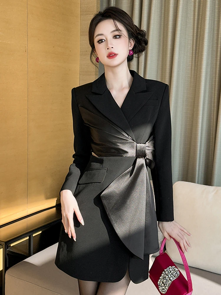 Women's Elegant Professional Formal Dress Celebrity Black Big Bow Hollow Cut Out Slit Short Gown Party Business Vestidos Mujer