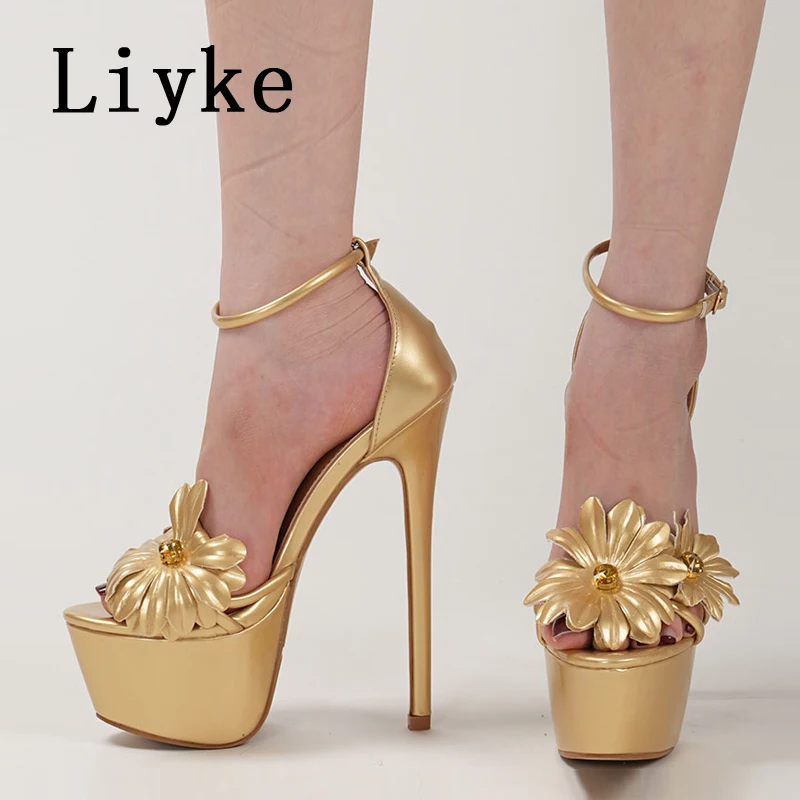

Liyke Model Show Sexy 16CM Super High Heels Platform Sandals For Women Fashion Gems Decor Sunflower Open Toe Party Dress Shoes