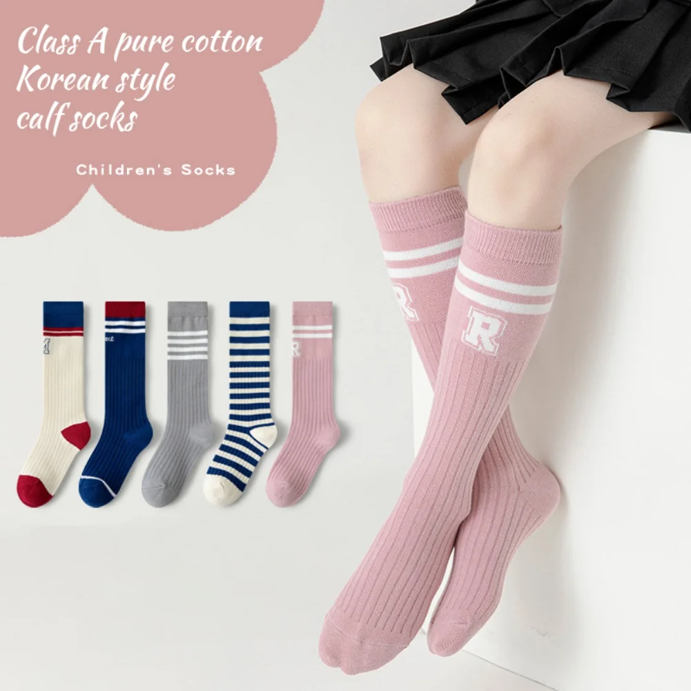 Children Knee High Socks for Girls 3-12Y Solid Letter Embroidery Cotton Soft Chic Socks Princess Kids Long Tube Socken