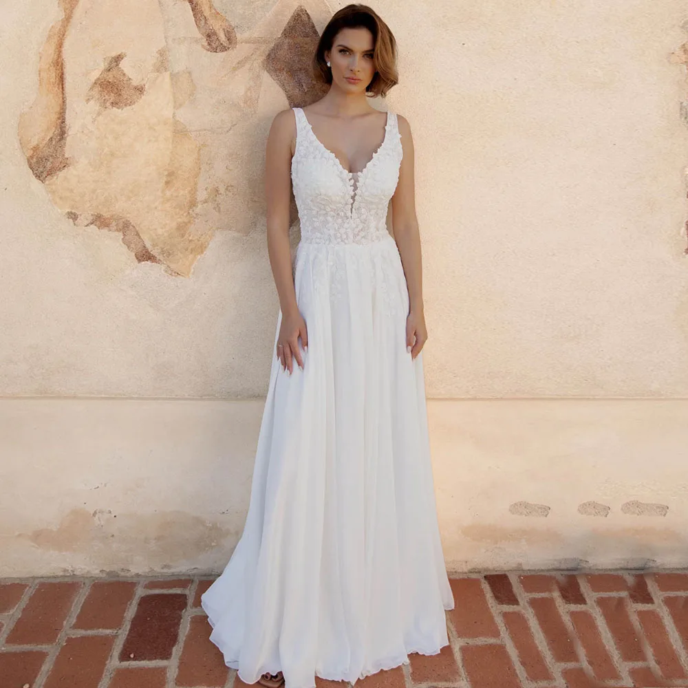 

Customized Wedding Dress Women Classic V-Neck Lace Sleeveless Beach Chiffon Bridal Gown Button Back Sweep Train Vestido De Novia