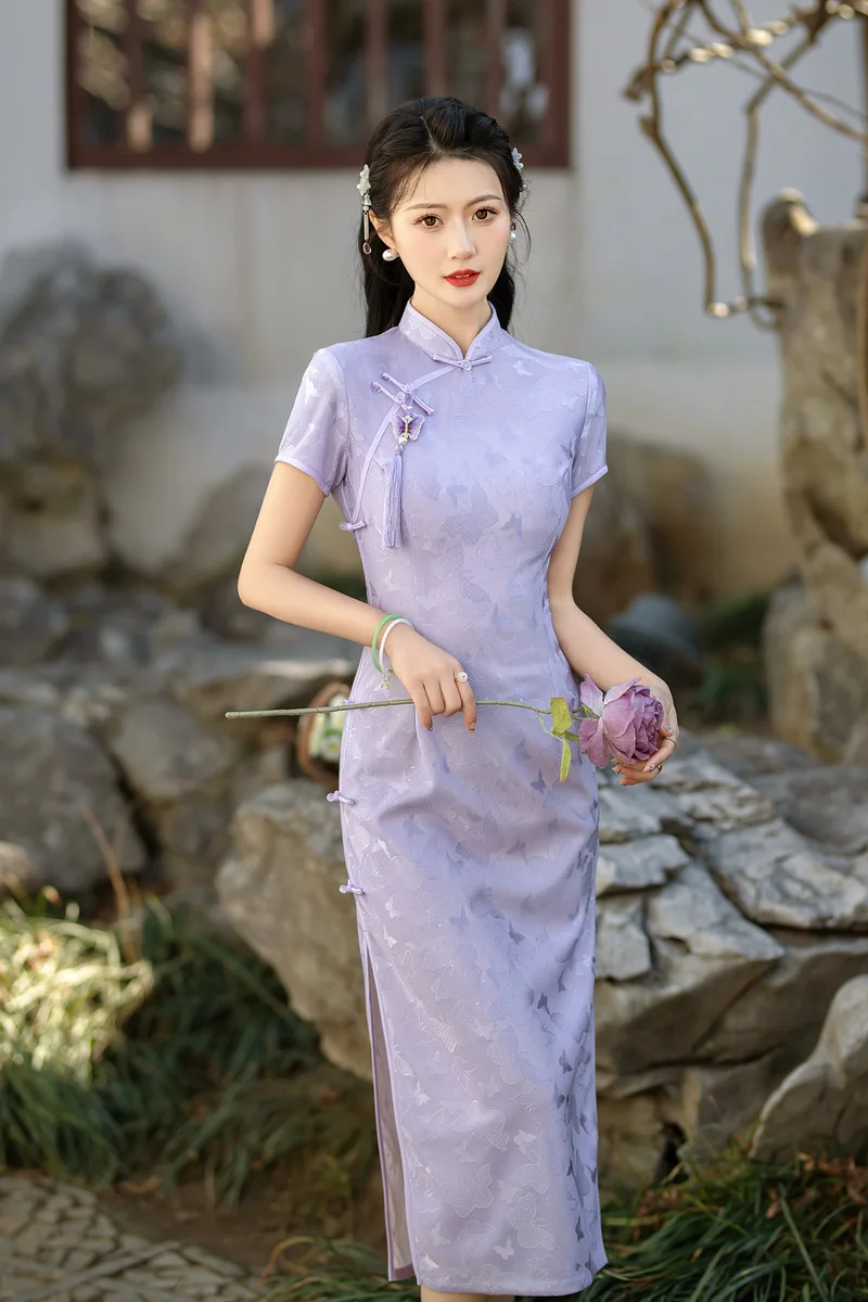 Lace Purple Qipao 2024 Spring Youth Style Improved Girl Slim Fit Qipao Elegant Qipao