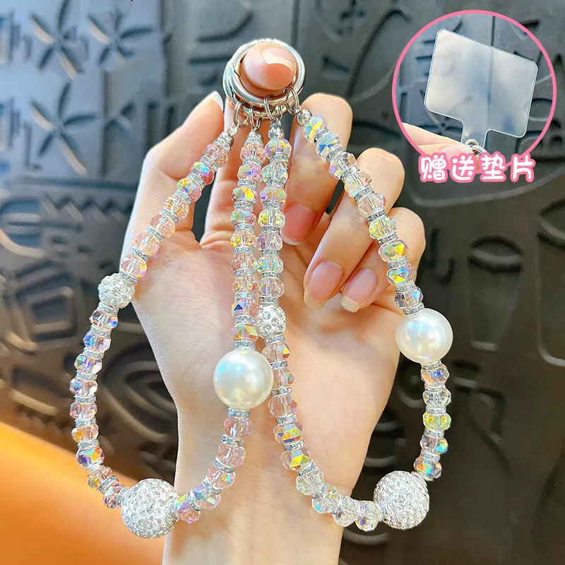 New White Crystal Pearl Bead Phone Chain On The Phone Short Wrist Rope Clip Outdoor Loss Prevention Pendant for All Phone Cases