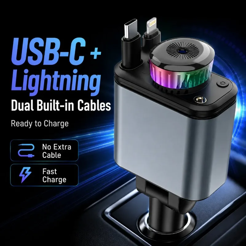180W 5 in 1 Car Charger Retractable USB C Lightning Fast Charging Aromatherapy Starlight Adjustable 12V 24V Adapter