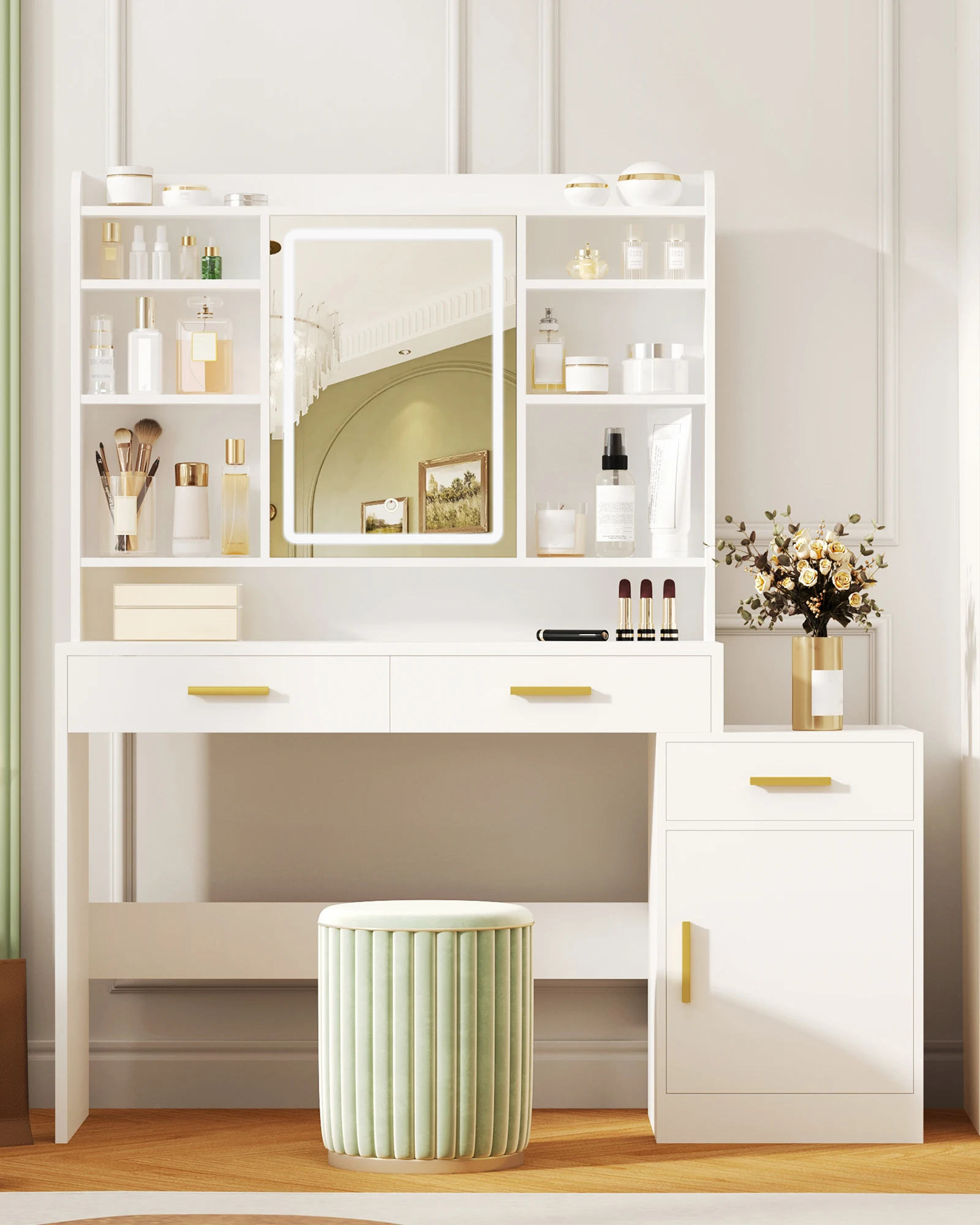 Hzuaneri Coiffeuse, grand plateau de table avec miroir, 3 tiroirs et 1 armoire, étagères ouvertes à plusieurs niveaux, pour chambre à coucher, armoire