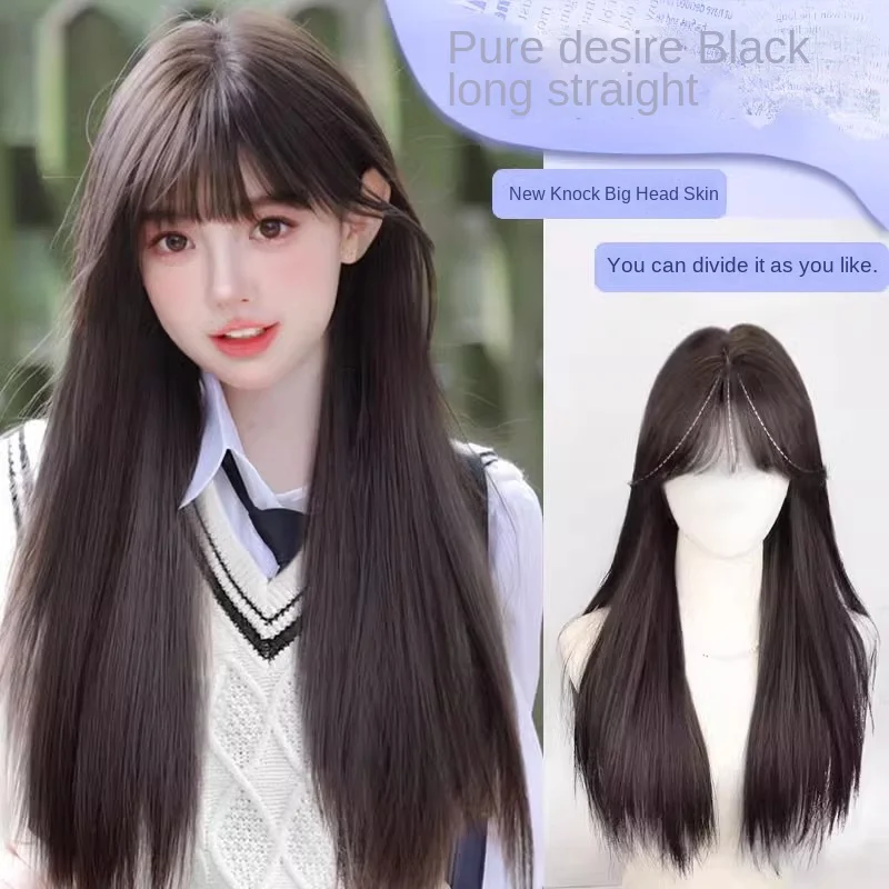 Black Synthetic Wig Long Straight Air Bangs Natural Fashion Simulated Hair Cosplay Party Wig Heat Resistant Full Head Cover