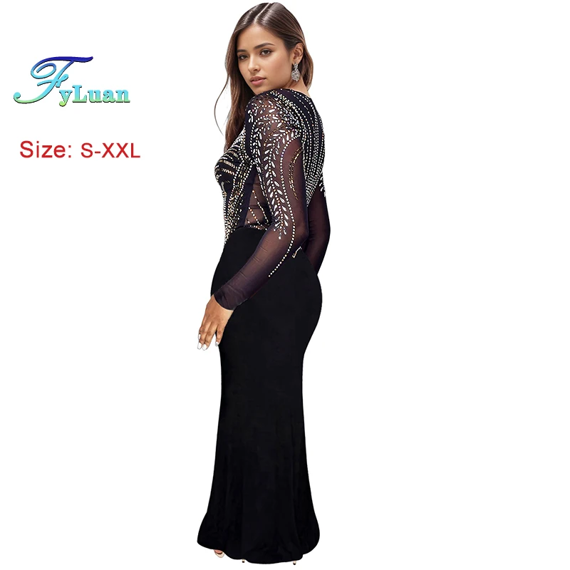 หรูหราแฟชั่นตาข่ายดูผ่านผู้หญิงชุดราตรีชุดนางเงือกเซ็กซี่ Elegant Party Club แขนยาว Rhinestone ชุดราตรียาว