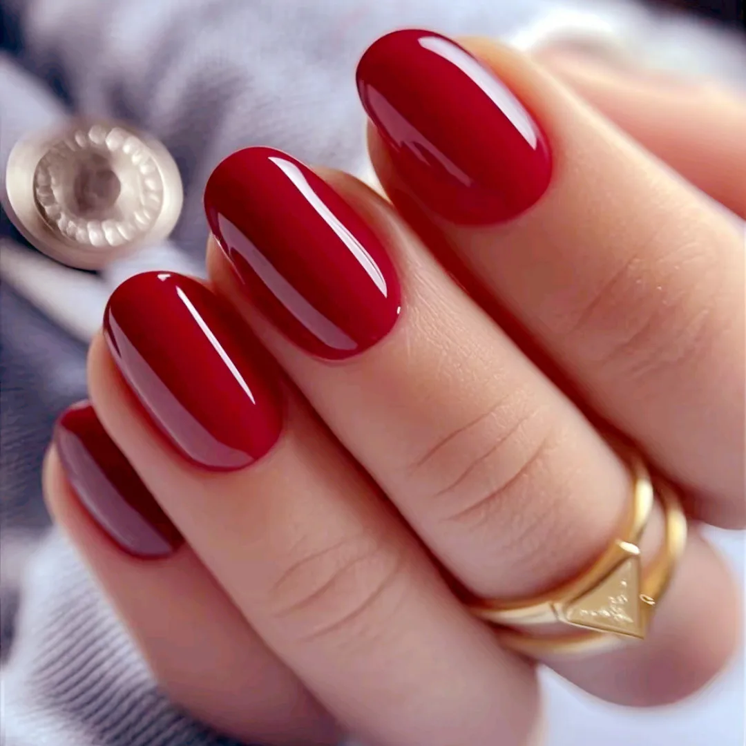 

48Pcs Shiny Wine Red Acrylic False Nails With Jelly Glue Sticekr DIY Oval Short Size Finger Manicure Press On Fake Nails Tips