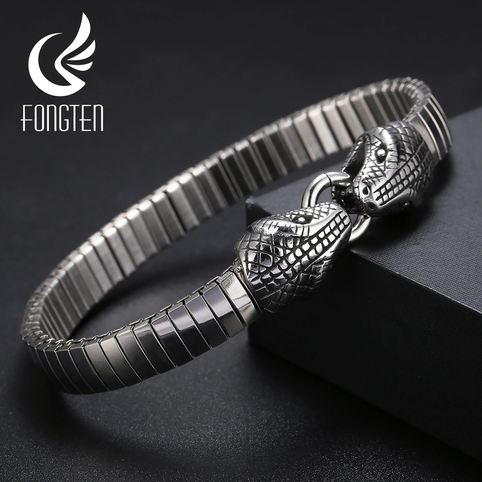 Fongten Double Snake Charms Men\'s Bracelet Watch Strap Chain Stainless Steel Wrist Bangle Bracelets For Men Silver Color Jewelry