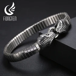 Fongten Double Snake Charms Men's Bracelet Watch Strap Chain Stainless Steel Wrist Bangle Bracelets For Men Silver Color Jewelry