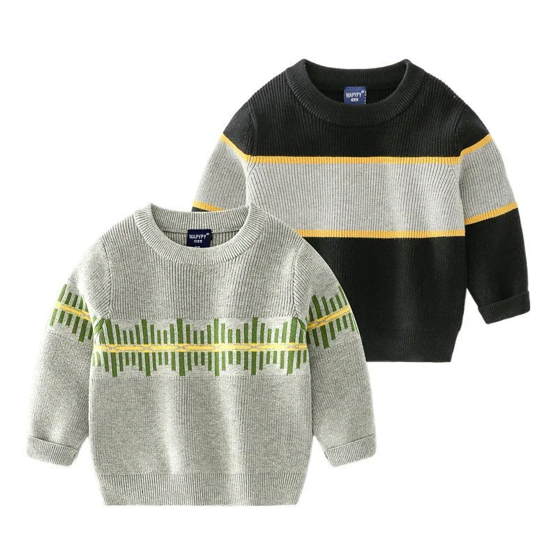 Boys' Stylish Color Block Striped Long Sleeve Pullover Sweater O-neck Knitwear in Cotton Blend for Kids Spring/Autumn, Ages 2-7