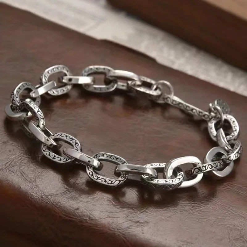 New S925 silver personality Tang grass bracelet men's hip hop fashion retro niche bracelet gift