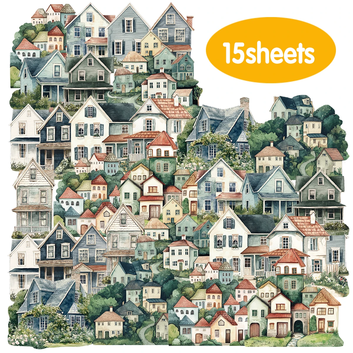 15pcs Green Plateau Small House Building PET Stickers for Rooms Decoration Children's Gift Sticker Bag Phone Cases Decorating