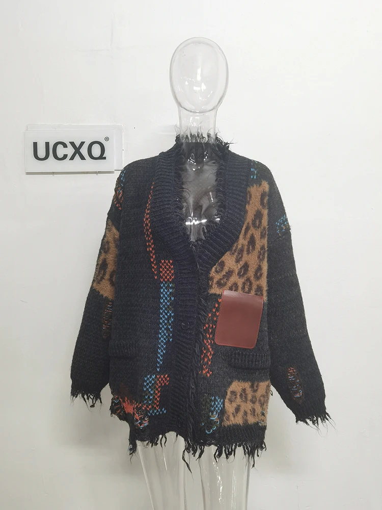 UCXQ Vintage Knitted Cardigan Korean Style V-neck Tassel Leopard Splicing All-match Sweater Jacket Women 2024 Autumn Winter 1853