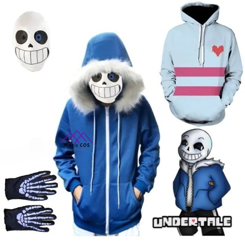 

Game Undertale Sans Skeletons Cosplay costume Blue Hoodies Mask Bones Cos Coat Halloween Roleplay Outfit Unisex Skeleton gloves