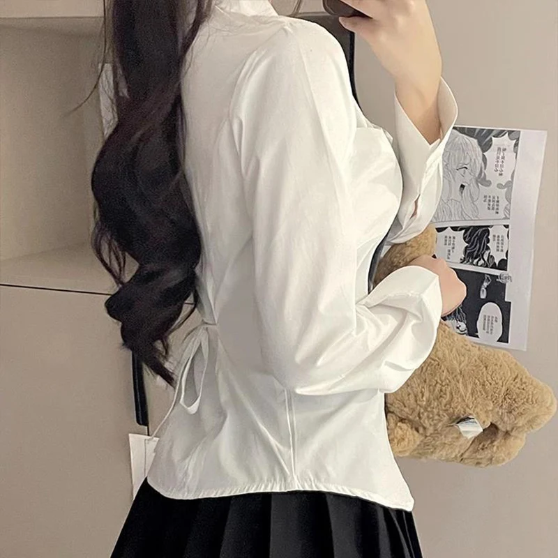 Preppy Bandage Jk White Shirt Women 2026 Chic Slim Fit Long Sleeve Blouse Woman School Button Down Tunic Shirts Blouse Female