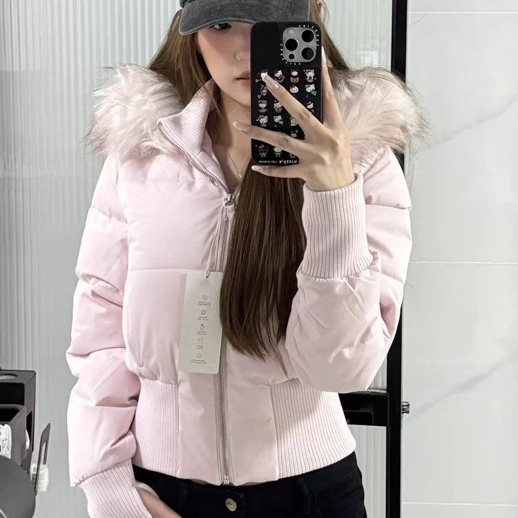 Winter Thickened down Cotton Jacket Women's Waist-Cinching Short Bread Style Coat with Fur Collar Zipper Closure Long Sleeve