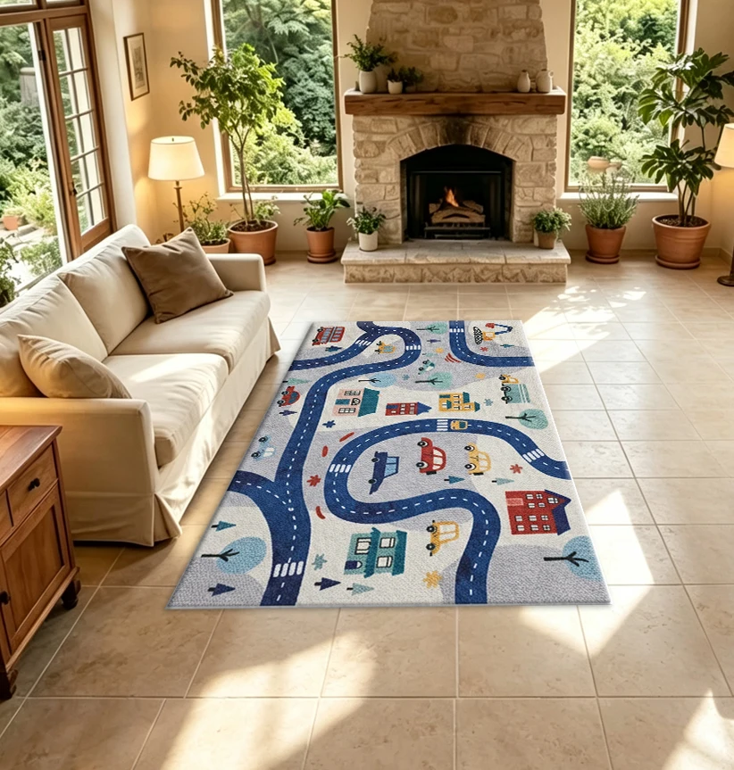Cartoon City Traffic Road Game Carpet, Excavator Car Bus House Highway Non-Slip Floor Mat, Suitable for Children's Playroom, Children's Bedroom, Home Decoration