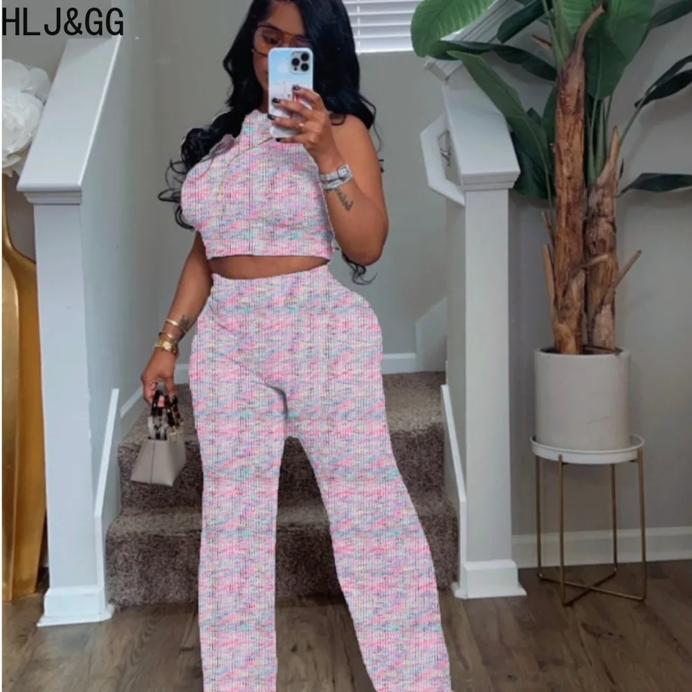 HLJ&GG Fashion New Printing Wide Leg Pants Two Piece Sets Women Round Neck Sleeveless Crop Top + Pants Outfits Female Streetwear