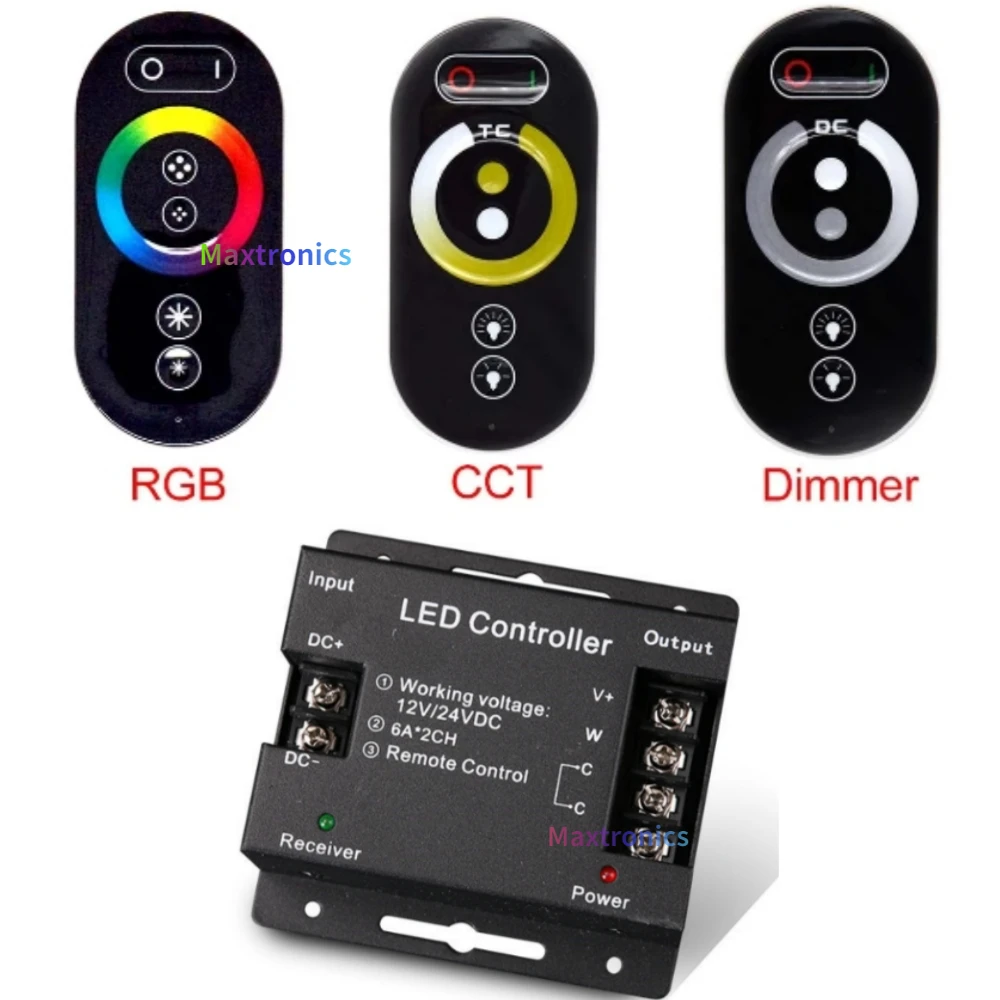 DC12~24V RF Touch Remote Controller Dimmer Wireless 18A 216W for 3528 5050 SMD COB Single Color CCT RGB RGBW LED Strip Lights