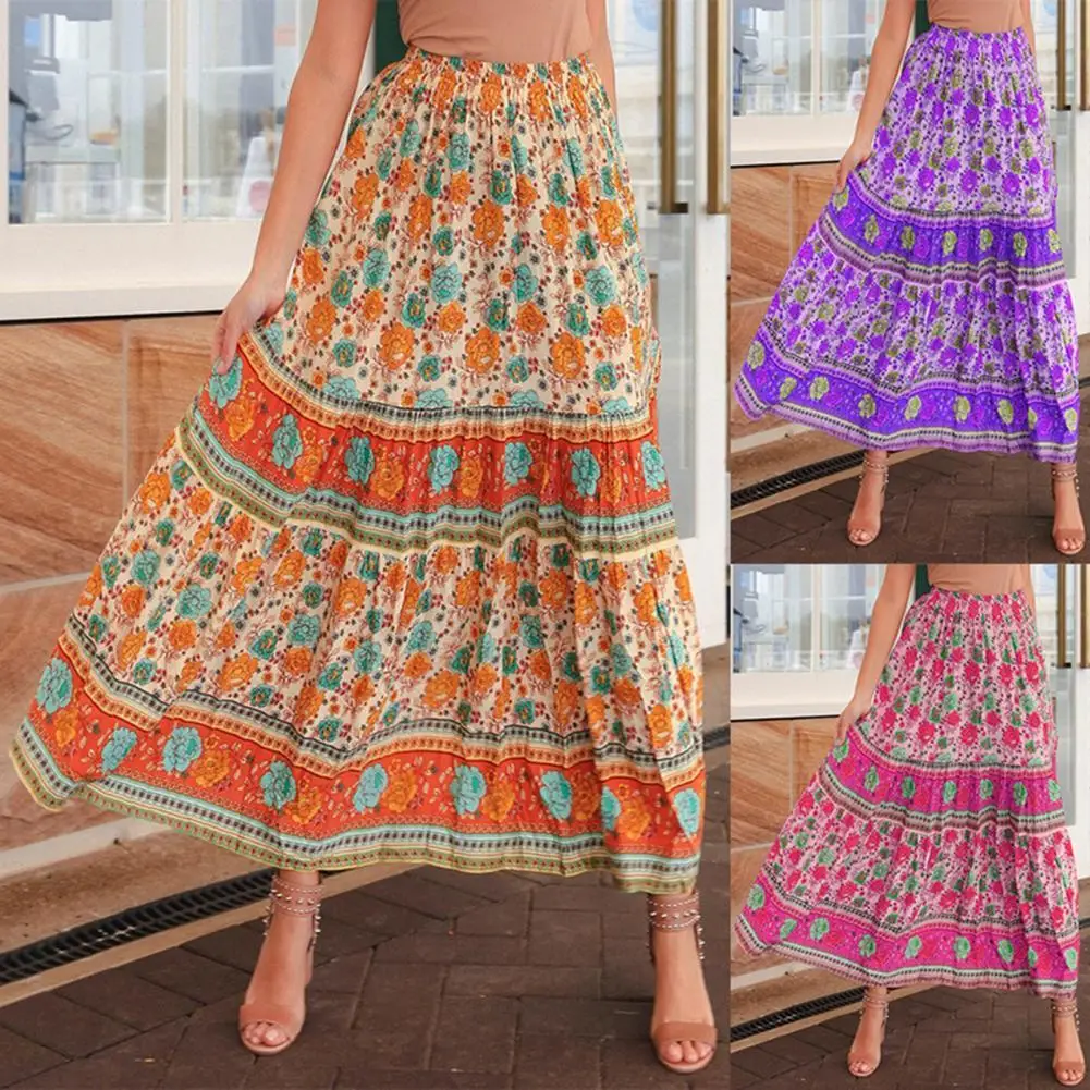 Cintura elástica cintura alta saia feminina flowy hem bohemia floral impressão maxi saia streetwear