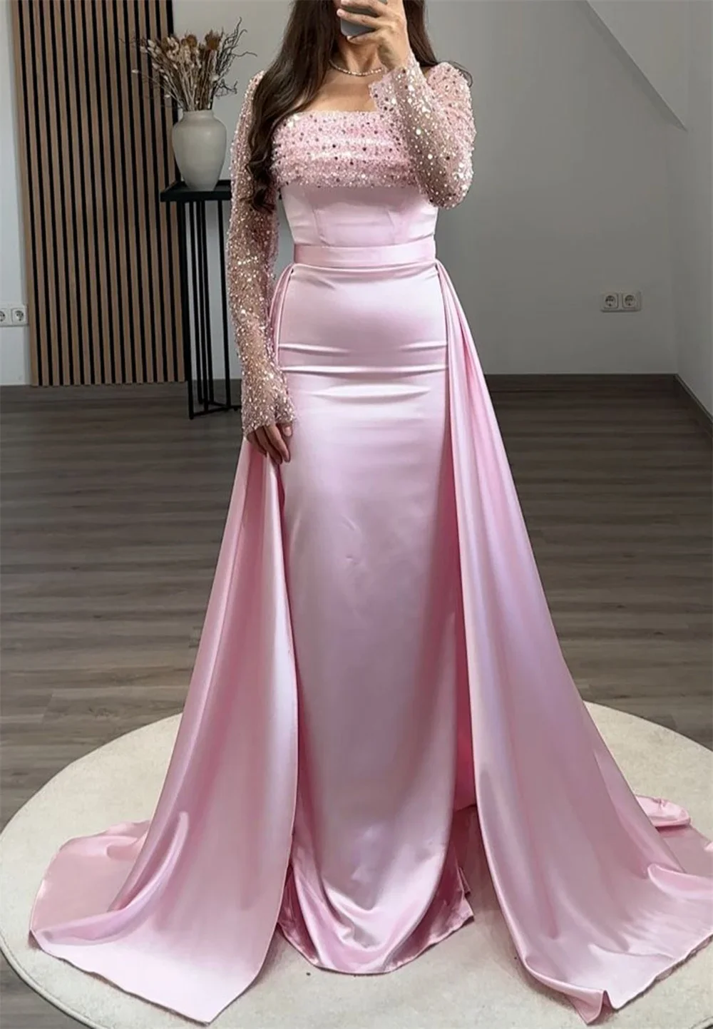 ที่กําหนดเอง Mermaid สแควร์ลูกปัดชุดราตรีอย่างเป็นทางการซาตินแขนยาว vestidos de noiva ที่ถอดออกได้รถไฟพรหม Gowns