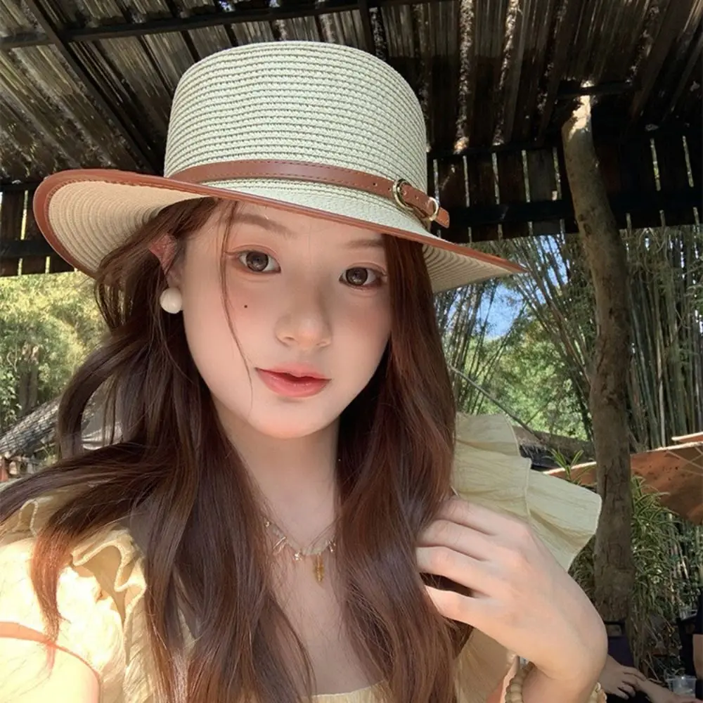

Retro Korean Style Straw Woven Hat Flat Brim Concave Top Flat Top Cowboy Cap Wide Brim Sunscreen Panama Hat Seaside