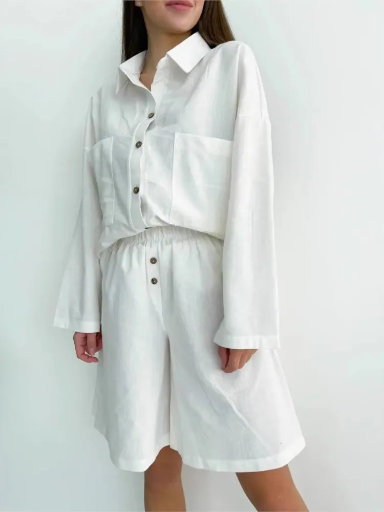 

Fashion Casual Women Two Pieces Sets 2025 Comfort Loose New Solid Color Long Sleeve Shirts And Elastic Waist Shorts 2 Piece Sets