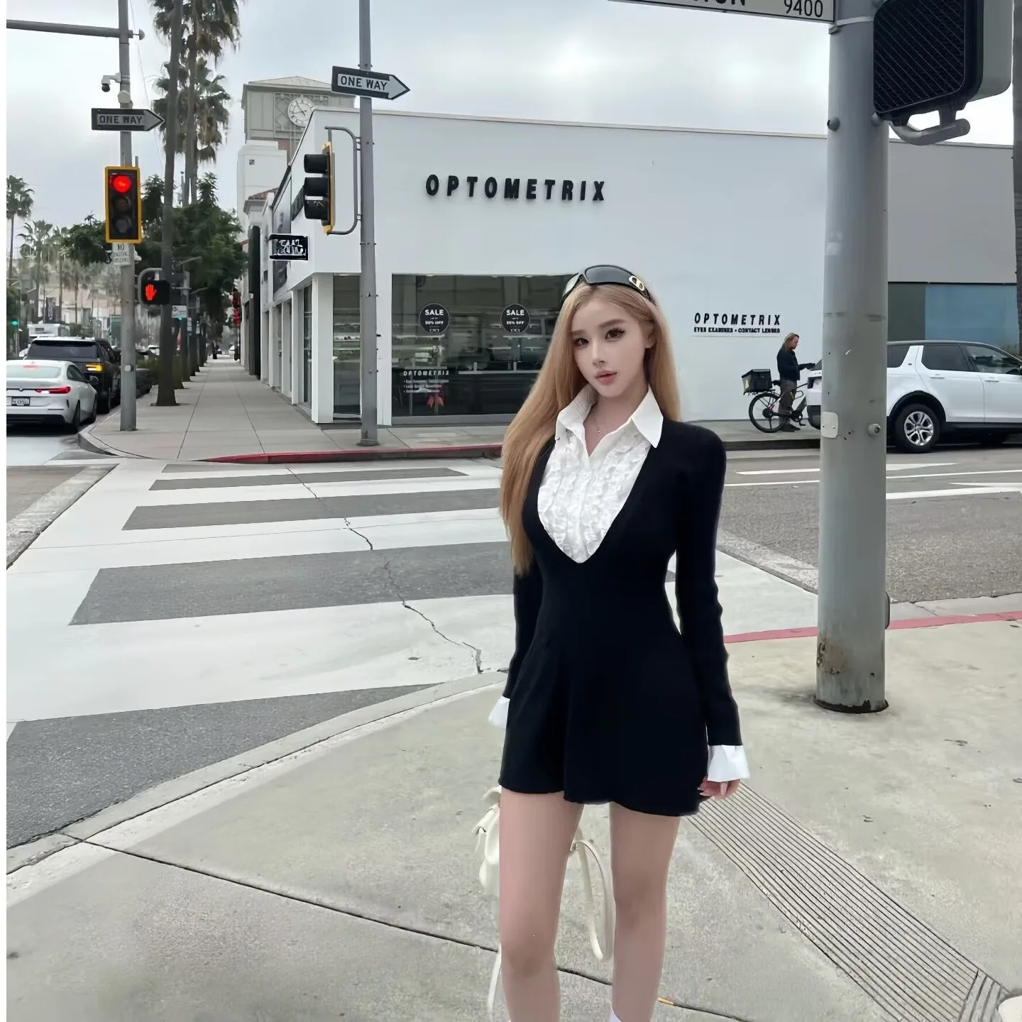 Early Autumn 2026 Korean College Style Fake Two-Piece Dress Waist Cinching Color Block Short Skirt for plus Size Women