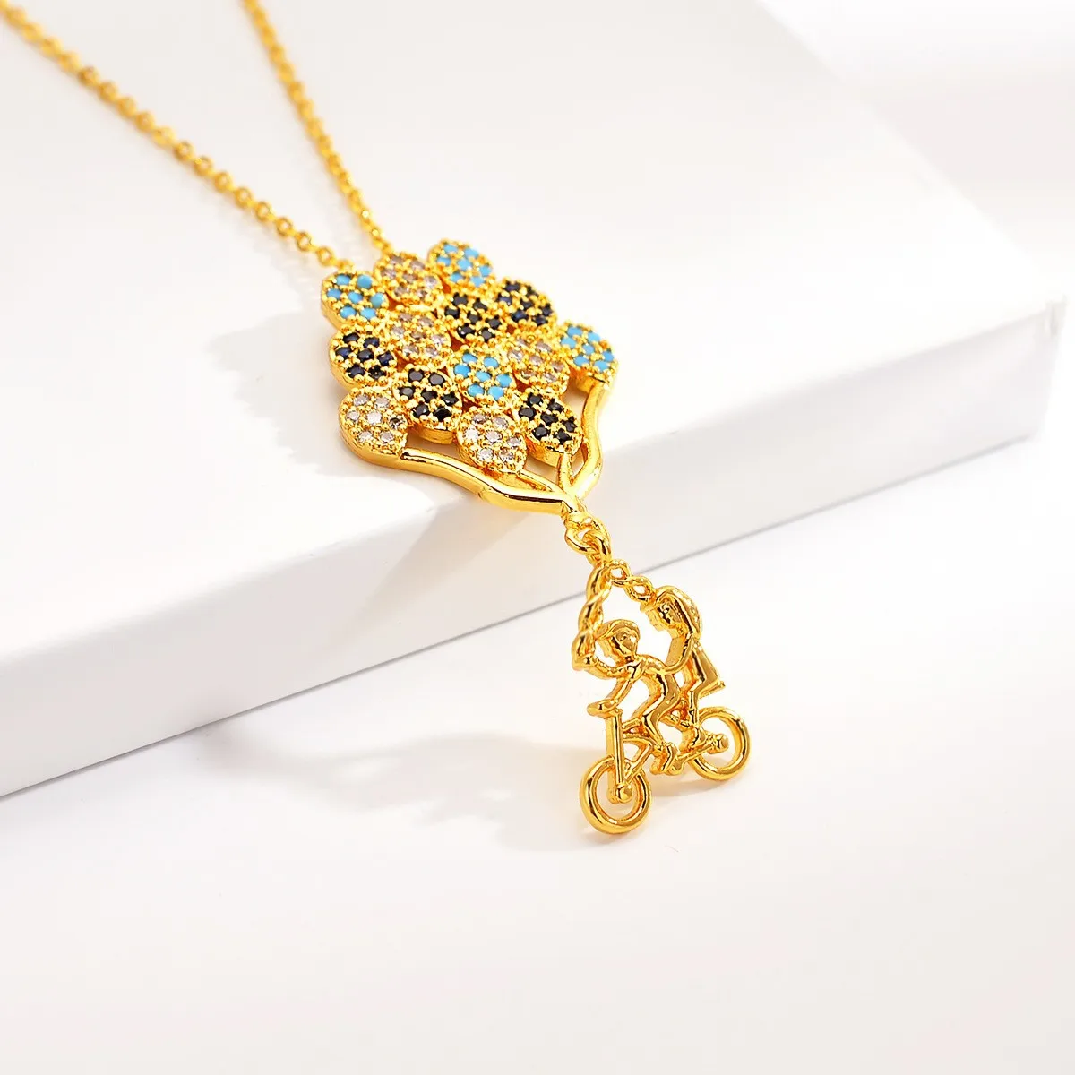 AU999 Gold Necklace Womens Jewelry Balloon Color Diamond Pendant 24K Pure Gold Bicycle Lover Clavicle Chain Gift for Girlfriend