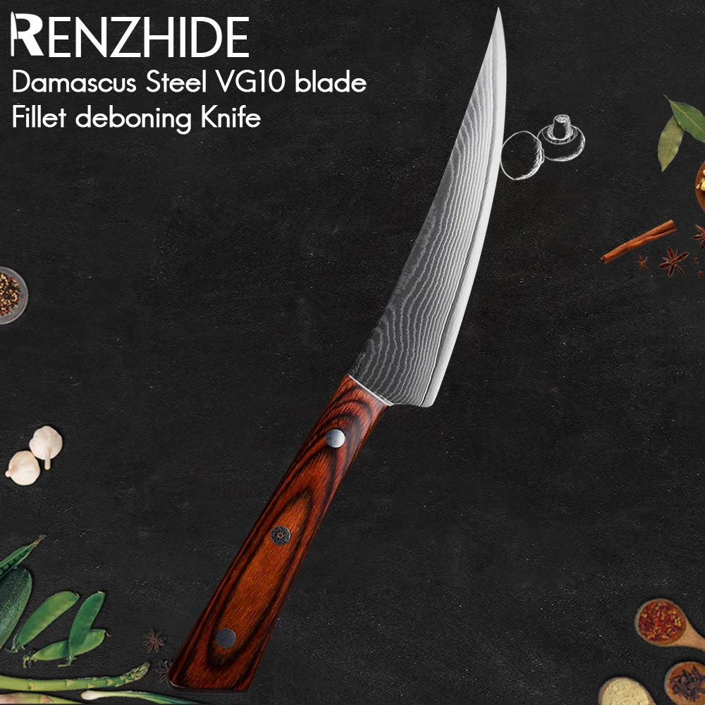 RZD 5.5'' Inch Fishing Fillet Knife,Damascus Steel VG10 Deboning Slicing Knife,Wood Handle,Kitchen Chef Cooking Accessory Tool