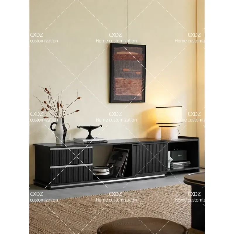 Telescopic TV Cabinet Black Living Room Home Storage Locker Integrated Solid Wood Retro TV Cabinet