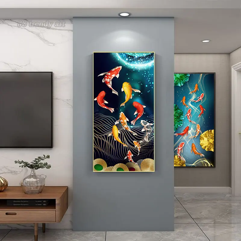 Modern Luxury Art Canvas Painting Lucky Koi Wall Art Posters Fish Lotus Water Landscape Wall Art Picture Living Room Aisle Decor