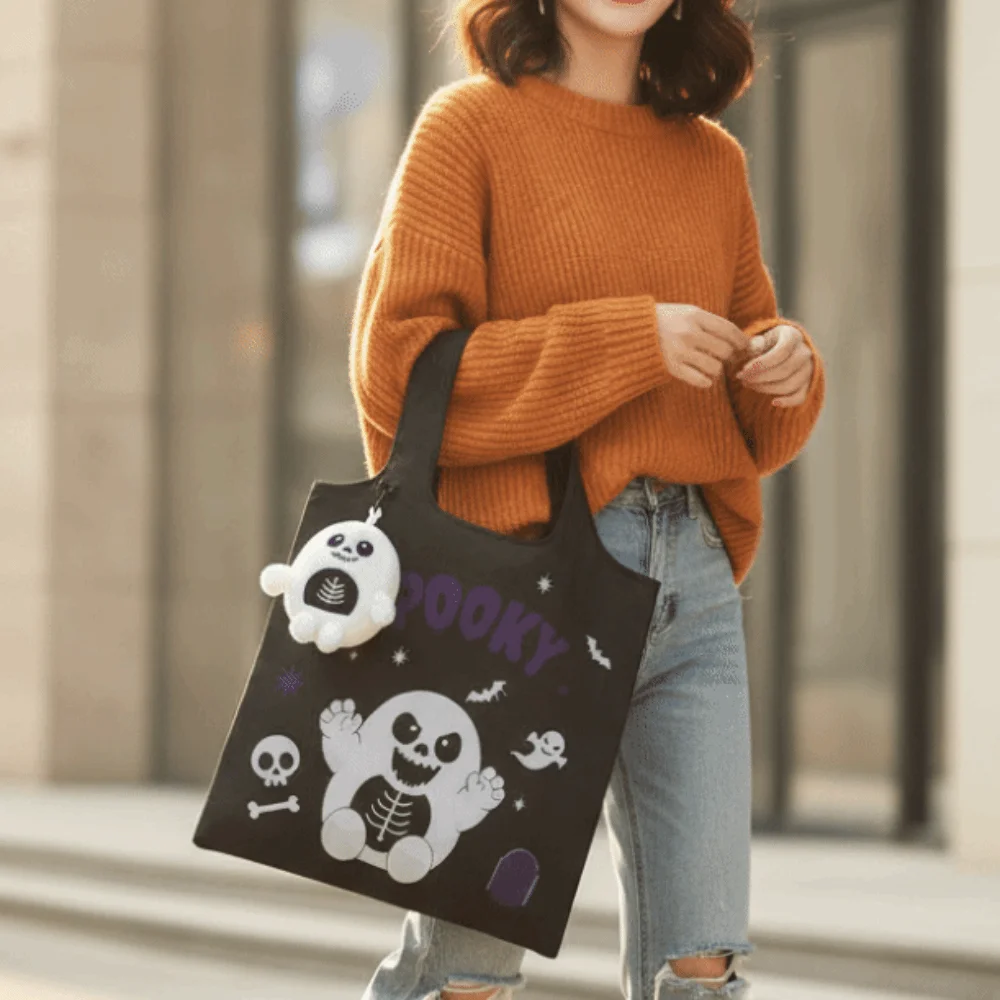 Solid Color Halloween Grocery Tote Mini Space-Saving 2-in-1 Bag Charm Pouch Ultra-Lightweight Quick-Folding