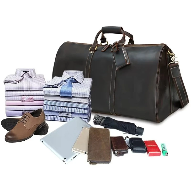 Stock Bags Vintage Full Grain Leather Sports Leather Weekend Overnight Fitness Bags Men's Classic Travel Duffel Bag