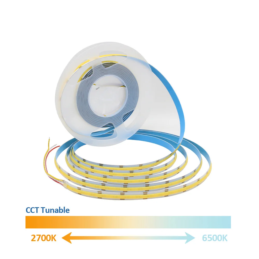 12V 24V DC CCT COB LED Strip Light 2700K to 6500K Color-Changing LED Tape Linear Double Color RA90 Dimmable Ribbon 5mm 8mm Width