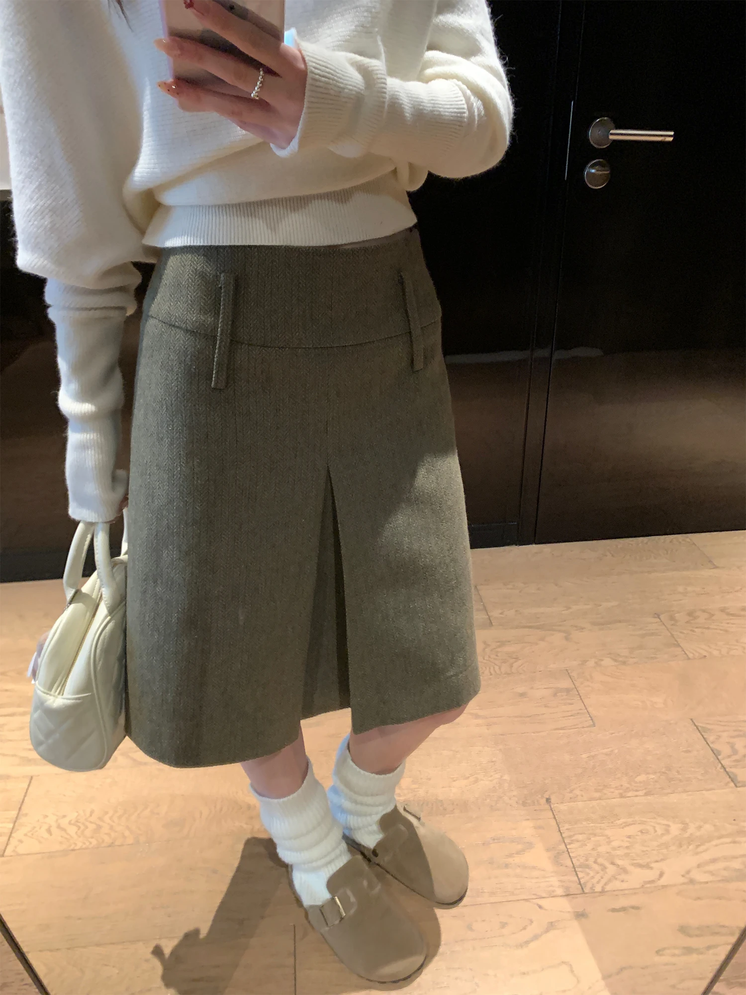 

High Waist A-Line Skirt Woolen Retro Pleated Commuter Sle Winter f-length Split ort Skirt Girls Casual Daily Wear