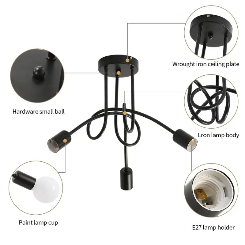 Black Industrial Ceiling Light Black Metal Chandelier 3-Light E27 Retrolustres Ceiling Lamp for Living Room Bedroom /3000K/6000K