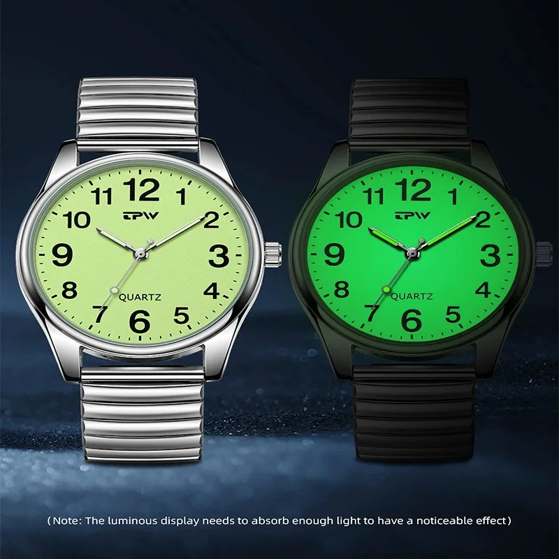 Elastic Band Elderly Watch Mineral Glass Quartz 30M Waterproof Glow in the Dark Watch Face Easy Read Dial Men Women Unisex Clock