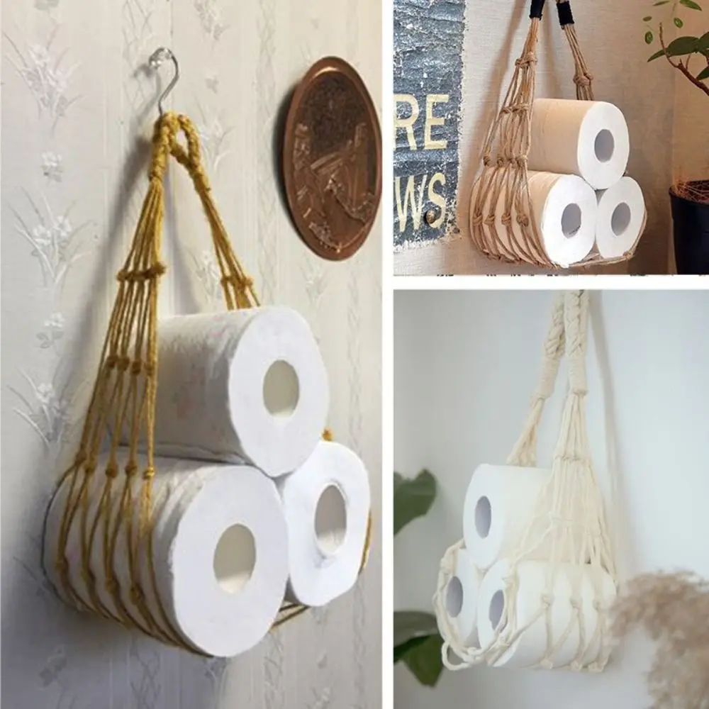 

Hanging Toilet Paper Towel Holders Bathroom Decor Nordic Style Towel Rack Wall Mounted Kitchen Basket Roll Storage Net Bag Hotel