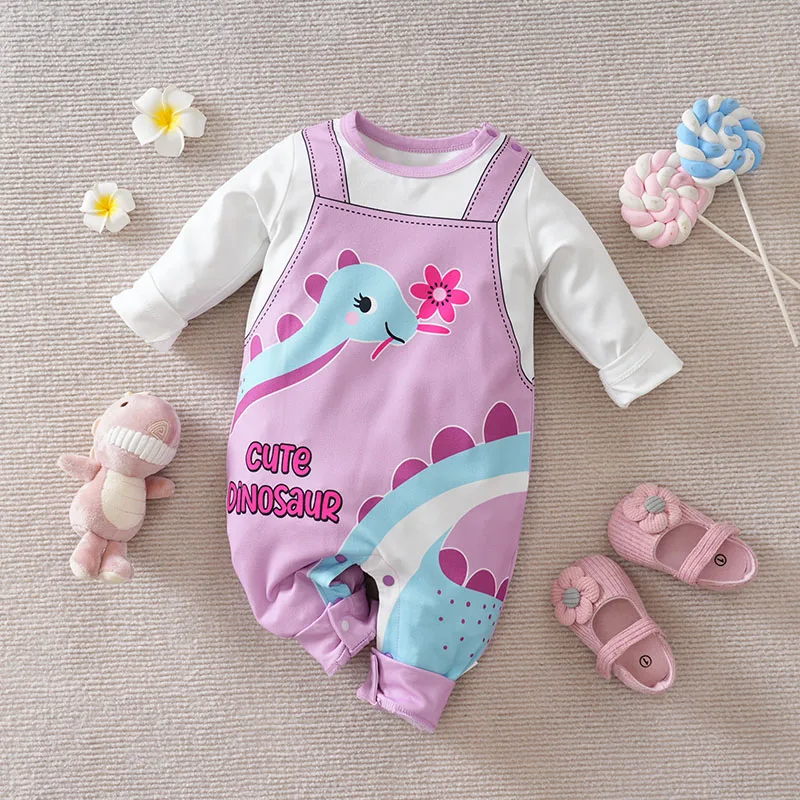 

NewbornBabyGirl CuteCartoon Fake Suspender Animal DinosaurCasual Simple Light Purple Spring And AutumnLong Sleeved Baby Jumpsuit