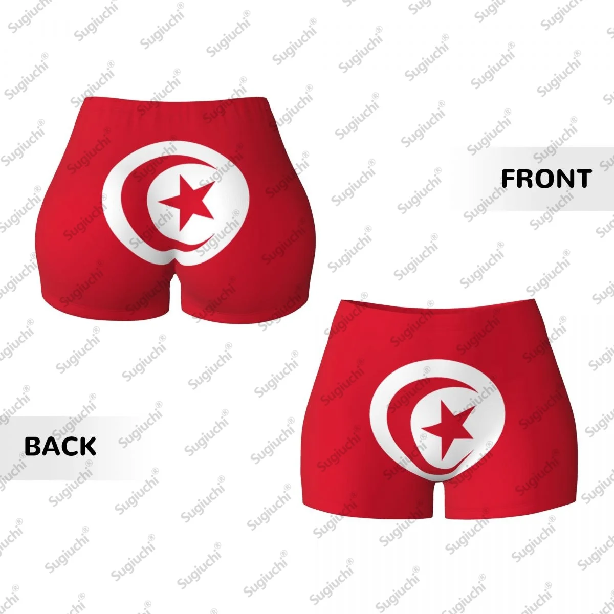 2026年チュニジア国旗柄ヨガショーツ レディース ワークアウト スクランチバットリフティング ハイウエスト ジム ランニング ショートパンツ