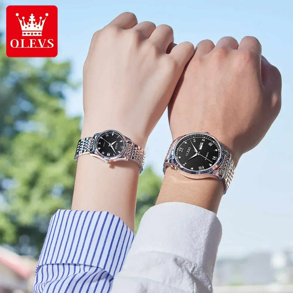 OLEVS-reloj mecánico automático para hombre y mujer, pulsera de lujo de acero inoxidable, resistente al agua, luminoso, con fecha y semana