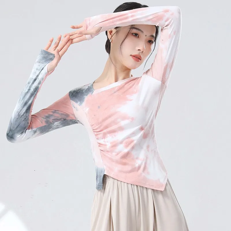 Tie Dye Floral Print Dance Shirt Finger Thumb Long Sleeve Tee Dancewear Women Tops Fancy Cloth Classical Modern Dance Stage 2024