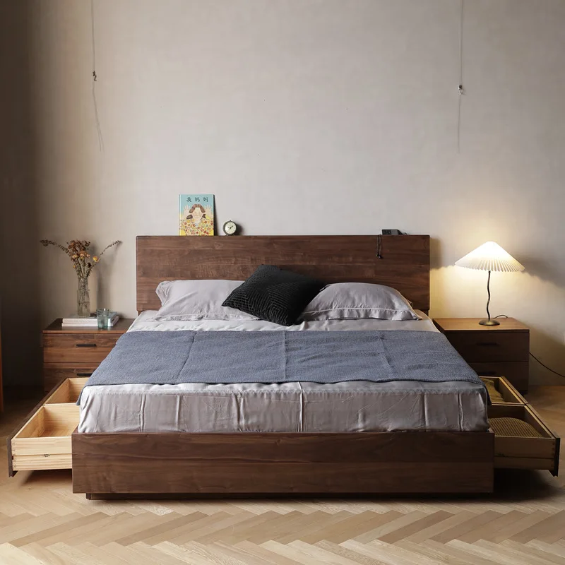 North America imported black walnut double bed simple modern high box storage drawer bed solid wood high box bed 1.8M