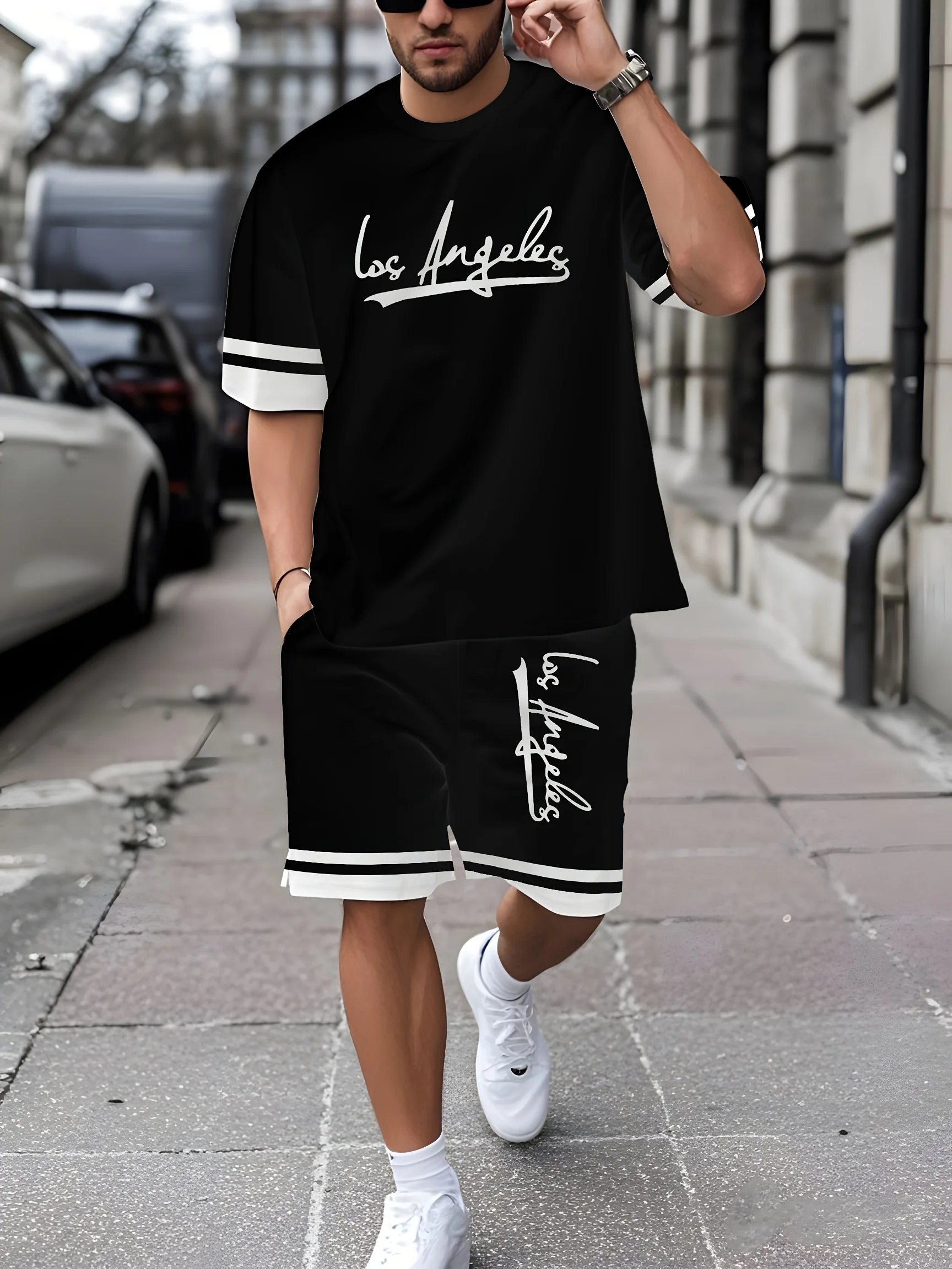 

The 2025 summer new men's suit is breathable, sweat-absorbent, and features 3D letter prints for casual and simple wear