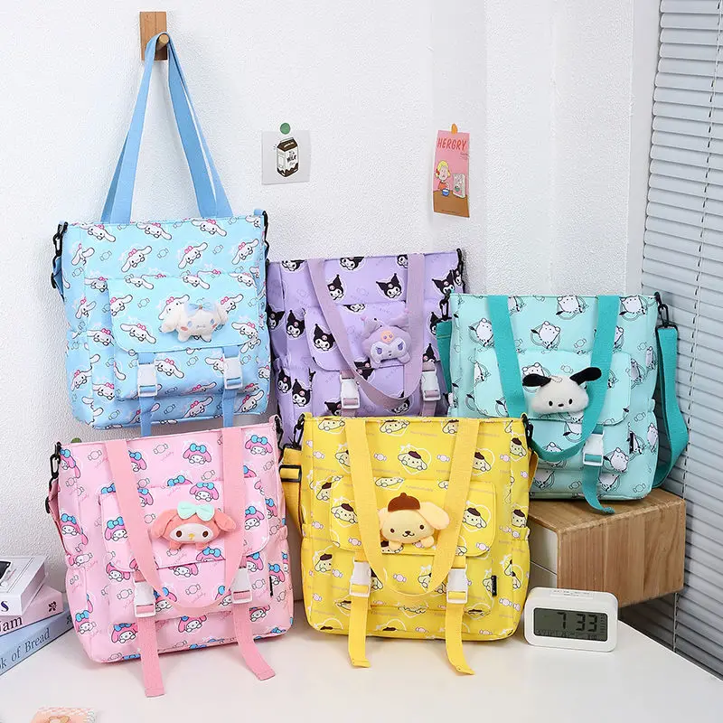 Kawaii Sanrios My Melody Kuromi Dual-Use Canvas Bag Cartoon Cinnamoroll Student Tuition Bag Tote Shoulder Handbag Casual Daily