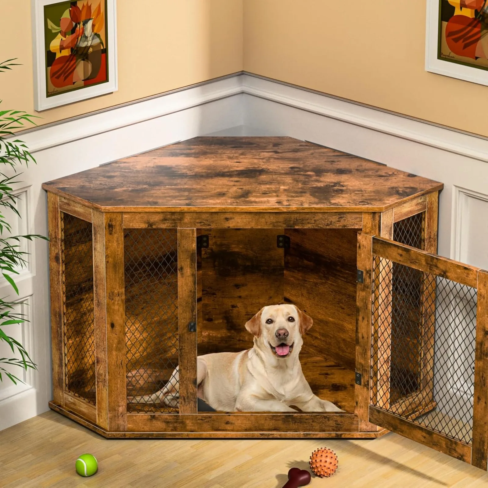 

US Corner Dog Crate Furniture, 52" Wooden Dog Kennel Furniture End Table with Mesh, Dog Kennel Indoor Furniture for Small Medium