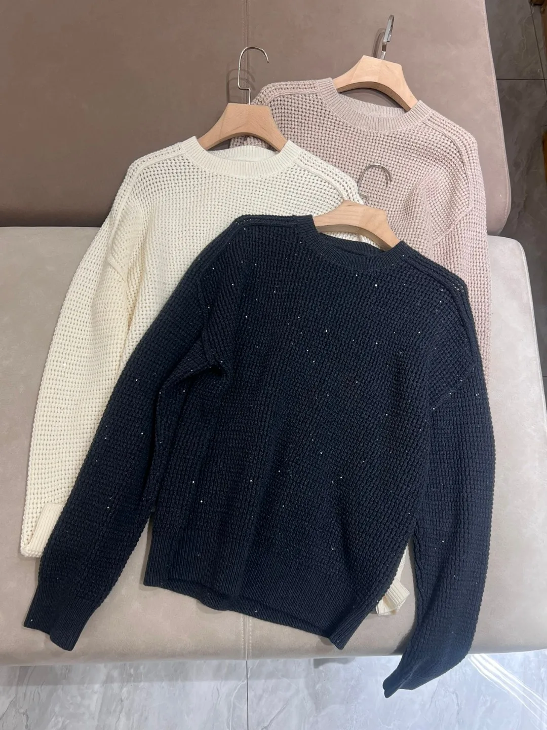 Casual sparkling sequin embellished solid color pure wool knitted sweater