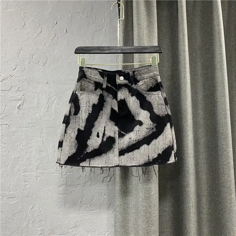 Black Denim Skirt Female High Waist Design Tie-dye A-line Skirt for Women