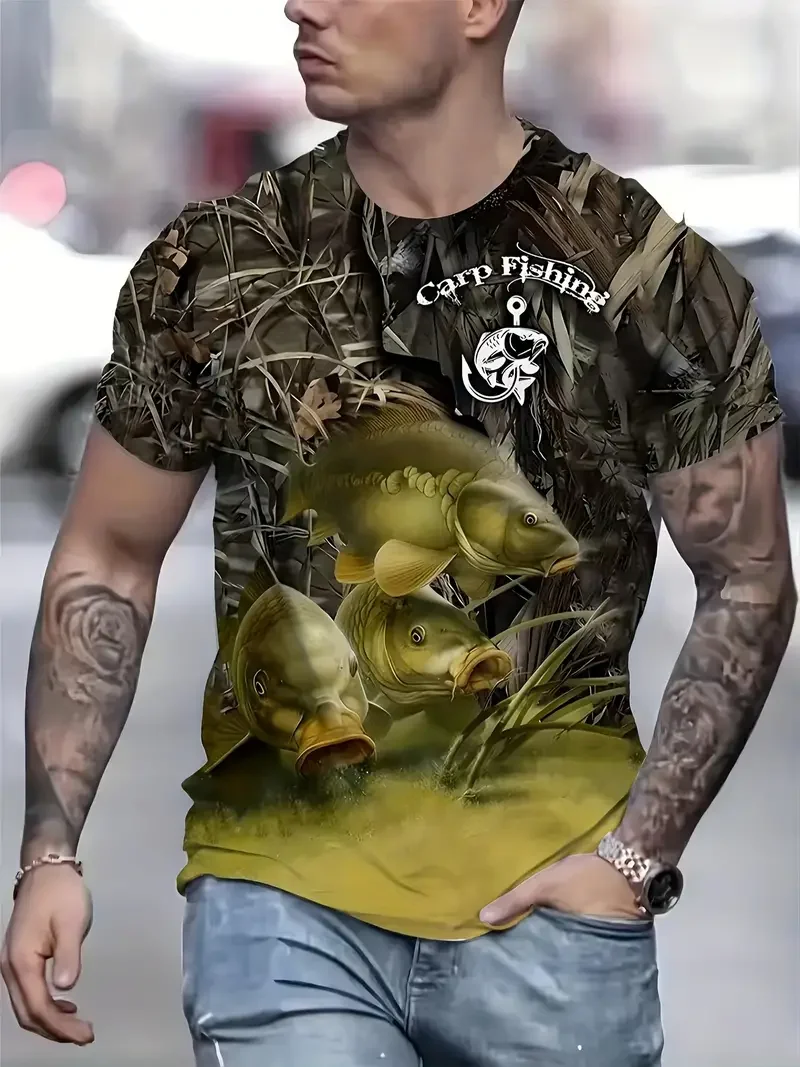 3D Fishing Printing, Men's Medium Elastic Breathable T-Shirt, Suitable for Outdoor Summer, Men's Gift